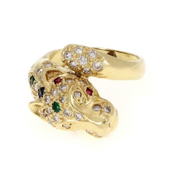 18k YGold Diamond Gems Panther Head Bypass Ring